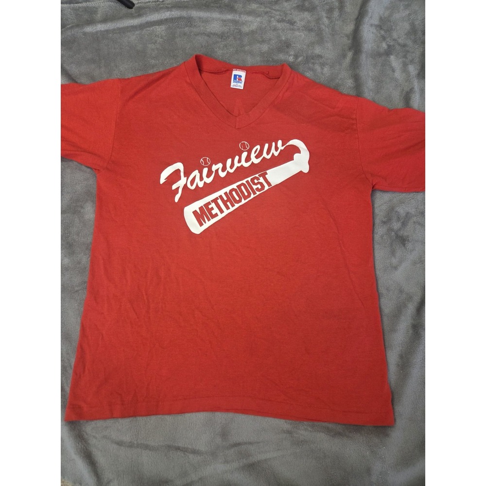 Vintage Russell Athletic Baseball Coach T Shirt Fairview Methodist Large USA